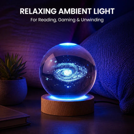 8cm Galaxy Crystal Ball Night Light 3D Engraved - Wooden Base Warm White + RGB