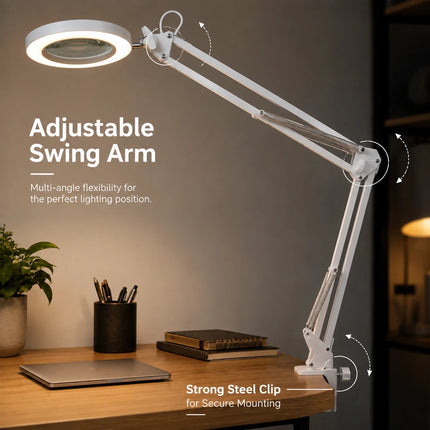 3X Magnifying Desk Lamp LED Light Dimmable 3 Light Colour Step Dimming Swing Arm