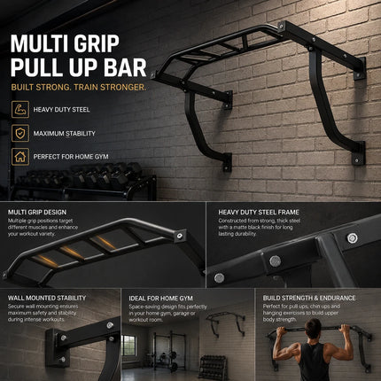 Multi Grip Wall Mounted Pull Up Bar Heavy Duty Chin Up Home Gym Workout Station