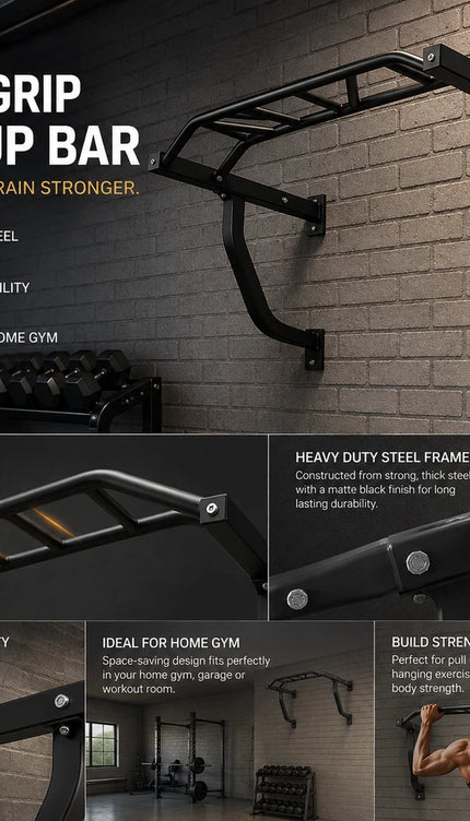 Multi Grip Wall Mounted Pull Up Bar Heavy Duty Chin Up 300LB Gym Workout Station