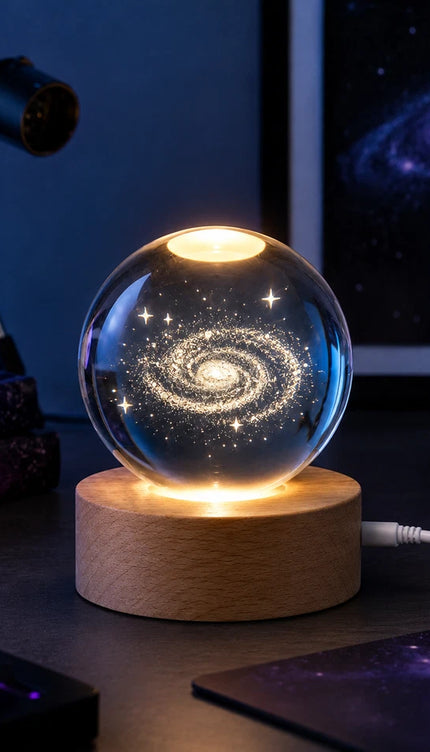 6cm Galaxy Crystal Ball LED Night Light with Wooden Base