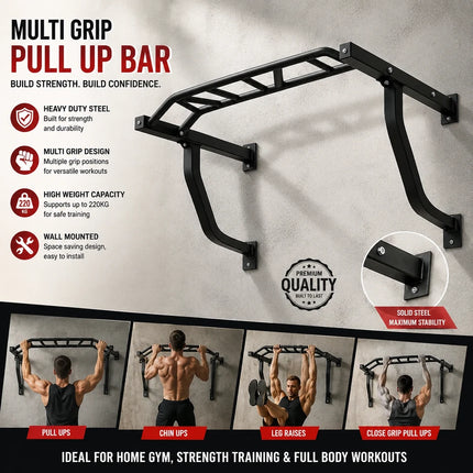 Multi Grip Wall Mounted Pull Up Bar Heavy Duty Chin Up Home Gym Workout Station