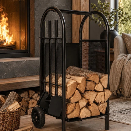 Firewood Log Cart Wheeled with 3 Tools Black Steel Fireplace Log Holder Set