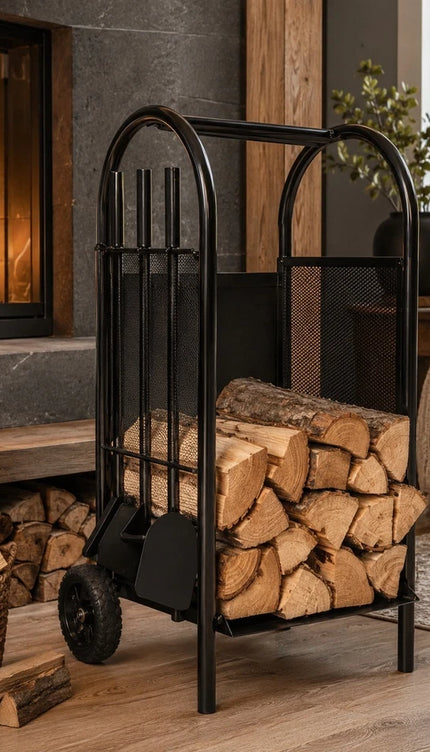 Firewood Log Cart Wheeled with 3 Tools Black Steel Fireplace Log Holder Set