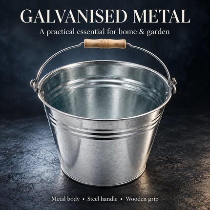 Galvanised Metal Bucket Heavy Duty Wooden Grip Handle for Home Garden 9L