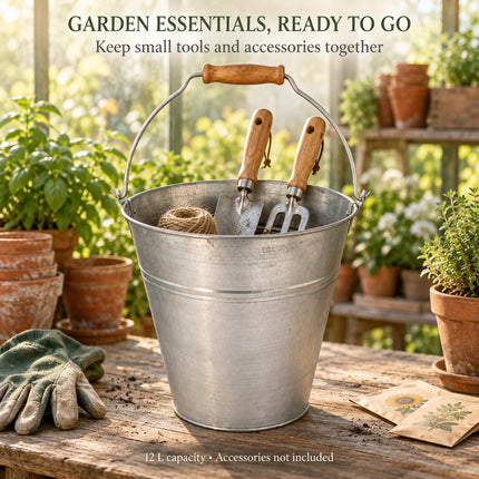 Galvanised Metal Bucket Heavy Duty Wooden Grip Handle for Home Garden 9L