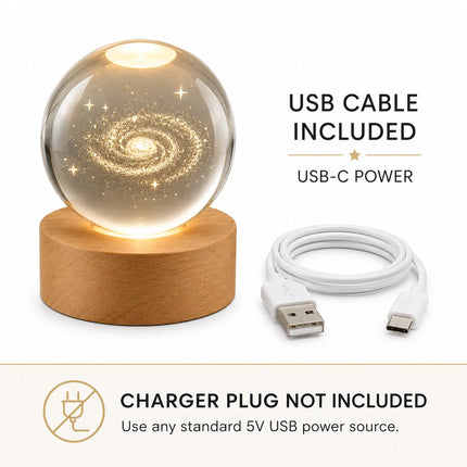 3D Engraved Galaxy Crystal Ball Night Light 6cm USB Wooden Base Warm White + RGB