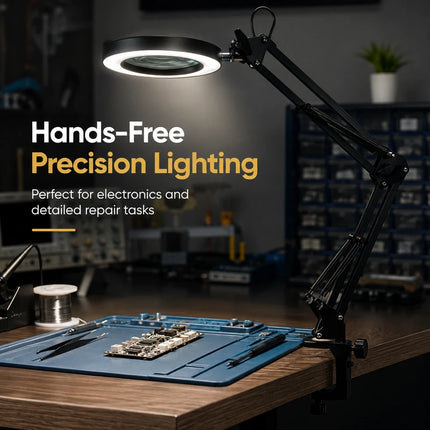 3X Magnifying Desk Lamp LED Light Dimmable 3 Light Colour Step Dimming Swing Arm