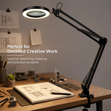 3X Magnifying Desk Lamp LED Light Dimmable 3 Light Colour Step Dimming Swing Arm