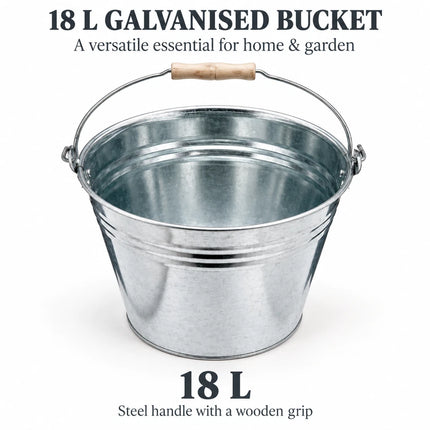 Galvanised Metal Bucket Heavy Duty Wooden Grip Handle for Home Garden 18L