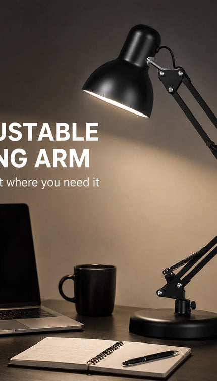 2-in-1 Metal Swing Arm Desk Lamp with Clamp – Adjustable E27 Task Light