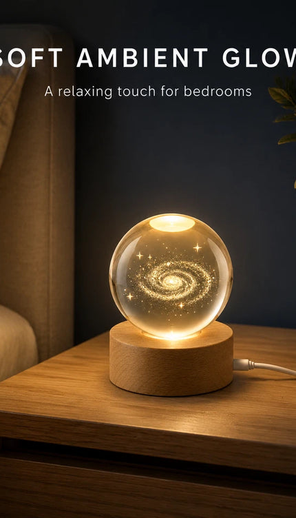 6cm Galaxy Crystal Ball LED Night Light with Wooden Base