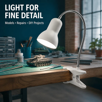 Clip-On Desk Lamp with Flexible Chrome Gooseneck – Adjustable E27 Reading Light