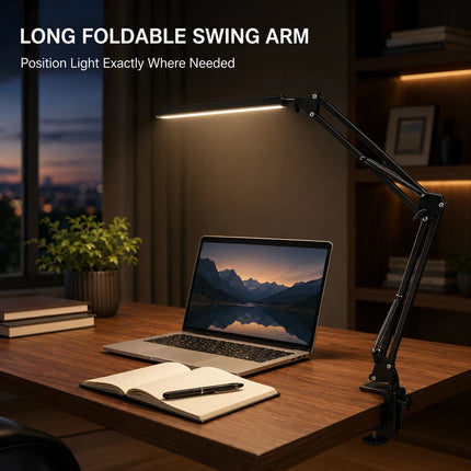 LED Metal Desk Lamp with Clamp – Adjustable Swing Arm, 3 Colour Modes & 10 Brightness Levels
