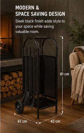 Firewood Log Cart Wheeled with 3 Tools Black Steel Fireplace Log Holder Set