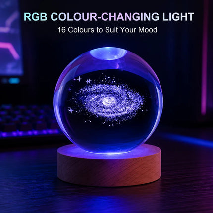 3D Engraved Galaxy Crystal Ball Night Light 6cm USB Wooden Base Warm White + RGB