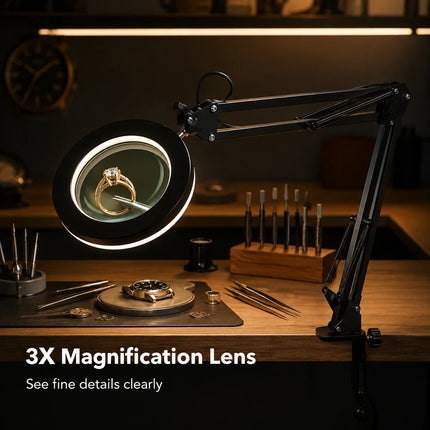 3X Magnifying Desk Lamp LED Light Dimmable 3 Light Colour Step Dimming Swing Arm