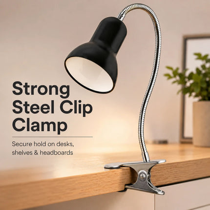 Clip-On Desk Lamp with Flexible Chrome Gooseneck – Adjustable E27 Reading Light