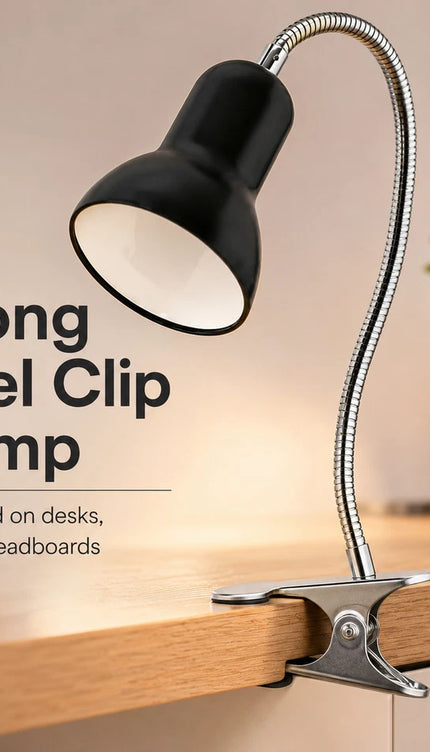 Clip-On Desk Lamp with Flexible Chrome Gooseneck – Adjustable E27 Reading Light