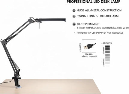 LED Metal Desk Lamp with Clamp – Adjustable Swing Arm, 3 Colour Modes & 10 Brightness Levels