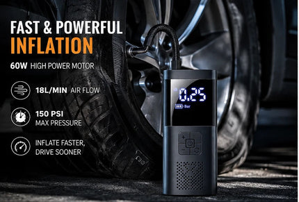 Car Tyre Inflator 150PSI Cordless Air Compressor Pump Digital 5V 4000mAh Battery