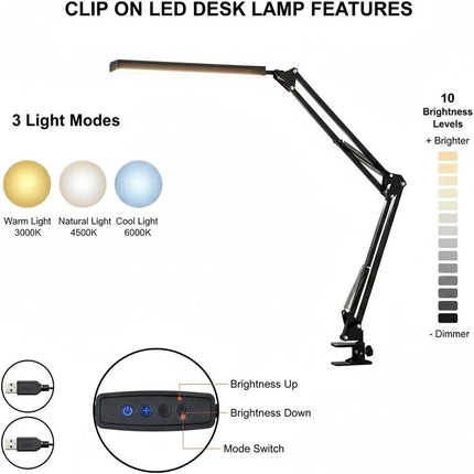 LED Metal Desk Lamp with Clamp – Adjustable Swing Arm, 3 Colour Modes & 10 Brightness Levels
