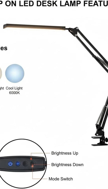 LED Metal Desk Lamp with Clamp – Adjustable Swing Arm, 3 Colour Modes & 10 Brightness Levels
