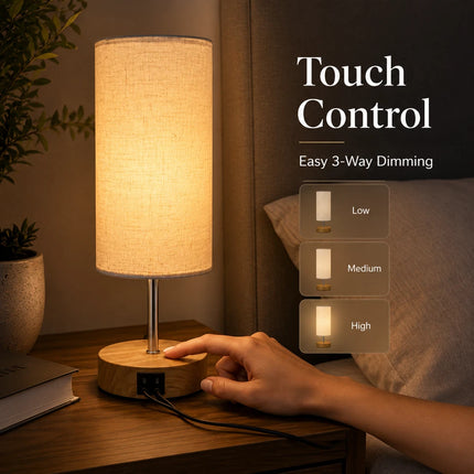 Touch Bedside Table Lamp USB-C Charging Port 3-Way Dimmable Nightstand Light
