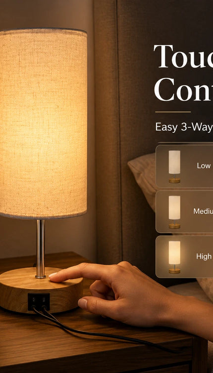 Touch Bedside Table Lamp USB-C Charging Port 3-Way Dimmable Nightstand Light