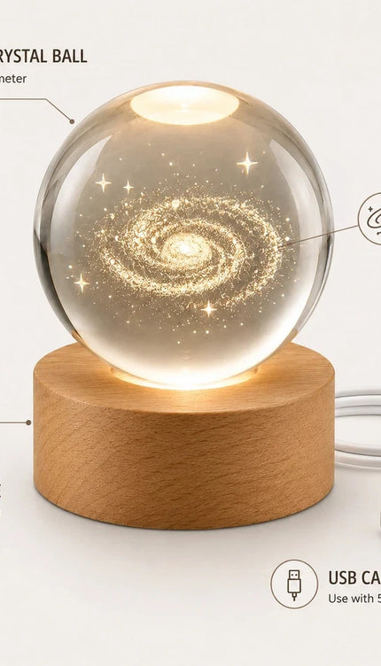 8cm Galaxy Crystal Ball LED Night Light with Wooden Base