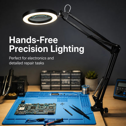 3X Magnifying Desk Lamp LED Light Dimmable 3 Light Colour Step Dimming Swing Arm