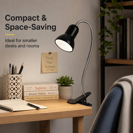 Clip-On Desk Lamp with Flexible Chrome Gooseneck – Adjustable E27 Reading Light