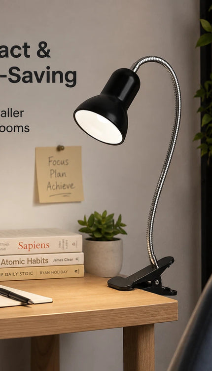 Clip-On Desk Lamp with Flexible Chrome Gooseneck – Adjustable E27 Reading Light