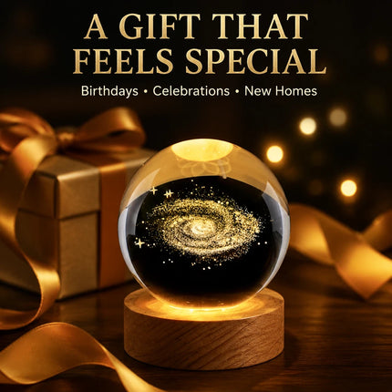 3D Engraved Galaxy Crystal Ball Night Light 6cm USB Wooden Base Warm White + RGB