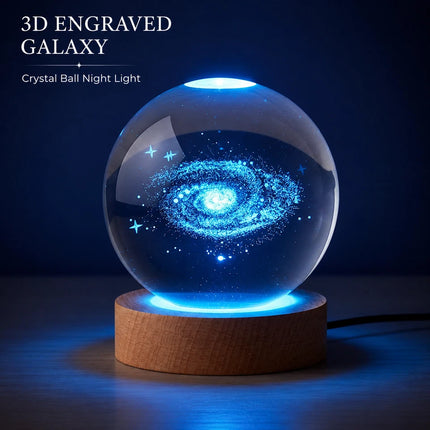 8cm Galaxy Crystal Ball Night Light 3D Engraved - Wooden Base Warm White + RGB