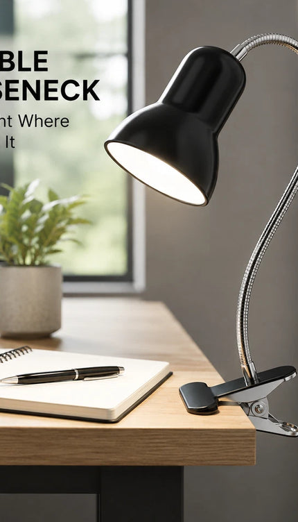 Clip-On Desk Lamp with Flexible Chrome Gooseneck – Adjustable E27 Reading Light
