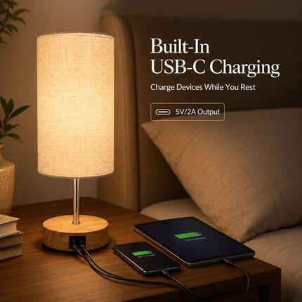 Touch Bedside Table Lamp USB-C Charging Port 3-Way Dimmable Nightstand Light