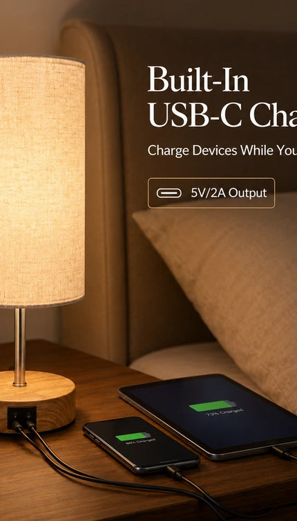 Touch Bedside Table Lamp USB-C Charging Port 3-Way Dimmable Nightstand Light