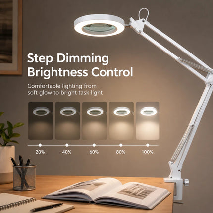 3X Magnifying Desk Lamp LED Light Dimmable 3 Light Colour Step Dimming Swing Arm