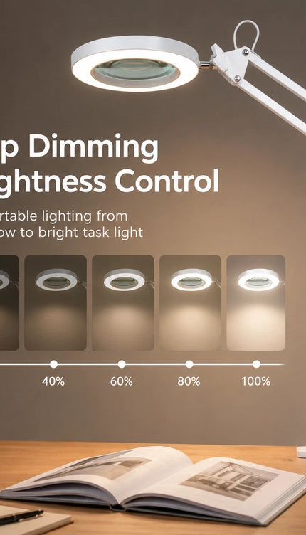 3X Magnifying Desk Lamp LED Light Dimmable 3 Light Colour Step Dimming Swing Arm