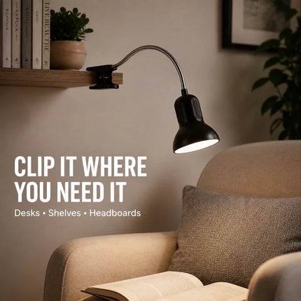 Clip-On Desk Lamp with Flexible Chrome Gooseneck – Adjustable E27 Reading Light