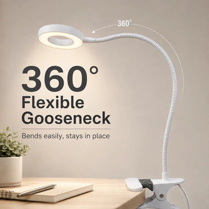 LED Gooseneck Clip Desk Lamp USB Dimmable 3 Colour Modes 10 Brightness Level