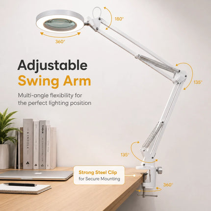 3X Magnifying Desk Lamp LED Light Dimmable 3 Light Colour Step Dimming Swing Arm