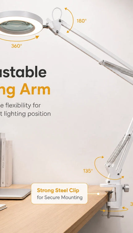 3X Magnifying Desk Lamp LED Light Dimmable 3 Light Colour Step Dimming Swing Arm